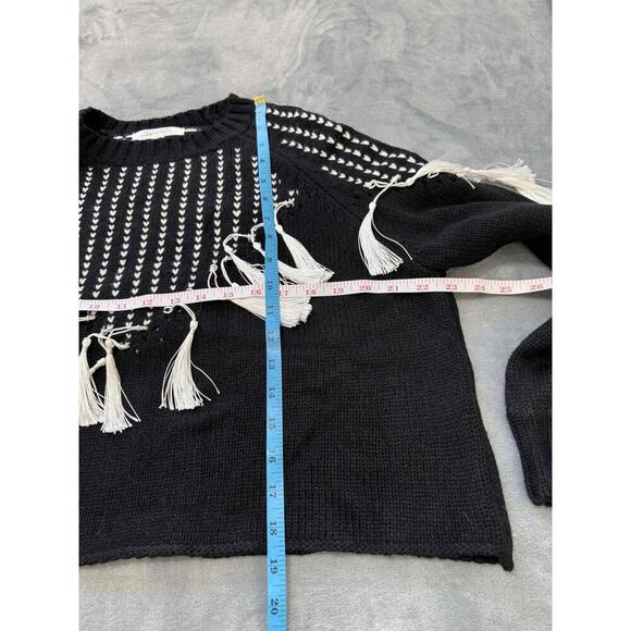 12th Tribe Black Tassel Round Neck Distressed Knit Sweater One Size - Picture 7 of 7